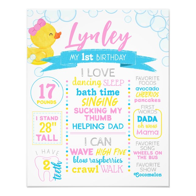 Girl Rubber Duck 1st Birthday Milestone Poster (Front)