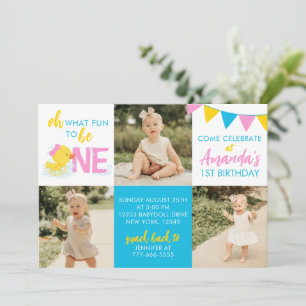 Girl Rubber Duck 3 Photo Birthday Invitation