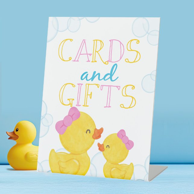 Girl Rubber Duck Cards & Gifts Pedestal Sign (Girl Watercolor Rubber Duck Cards and Gifts Party Sign for Baby Shower or Birthday)