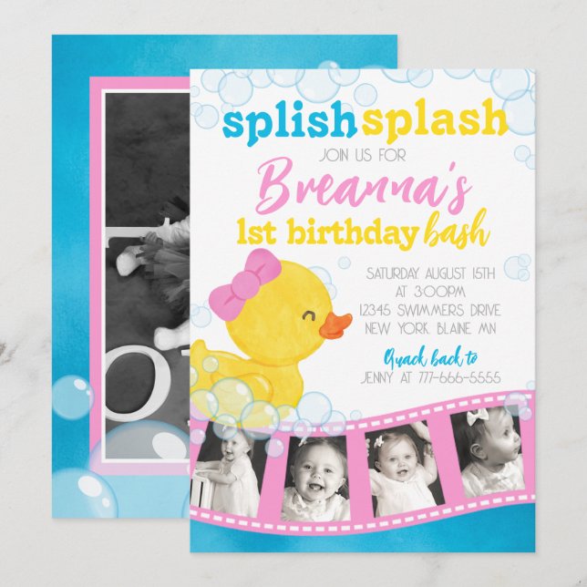 Girl Rubber Duck Filmstrip Multi Picture Birthday Invitation (Front/Back)