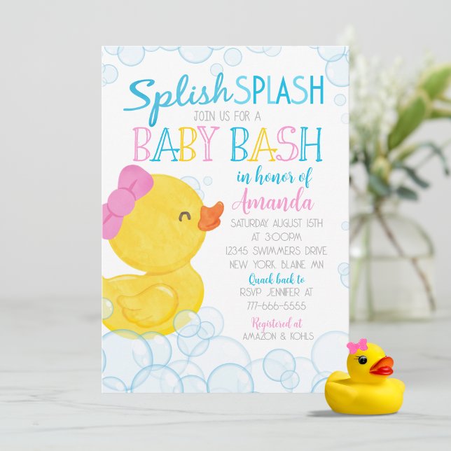 Girl Rubber Duck Splish Splash Baby Shower Invitation (Girl Rubber Duck Baby Shower Invitations. Available Printed with Envelopes or Digital Download)