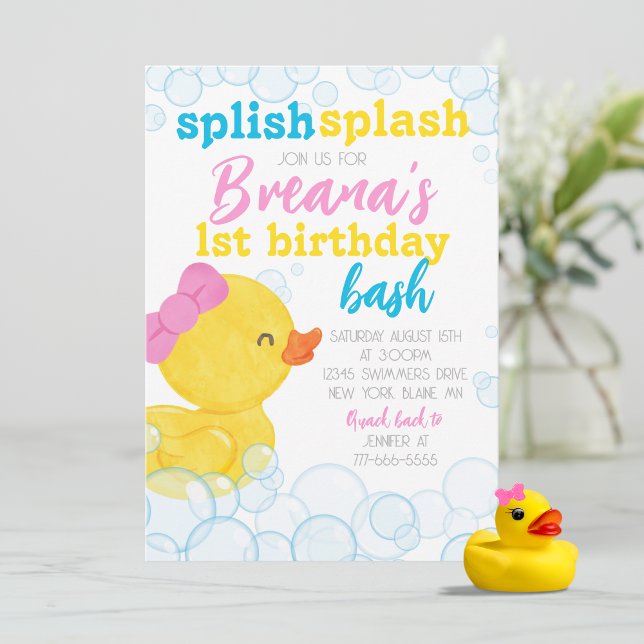 Girl Rubber Duck Splish Splash Birthday Invitation (Girl Rubber Duck 1st Birthday Party Invites. Available printed with envelopes or digital download)