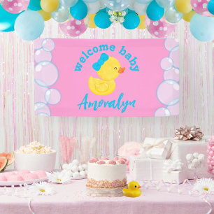 Girl Rubber Duck Welcome Baby Name Hanging Banner