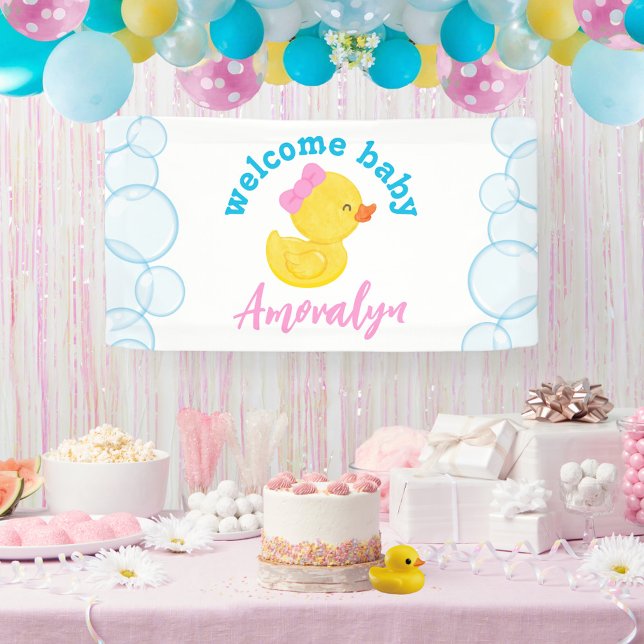 Girl Rubber Duck Welcome Baby Name Hanging Banner (Girl Rubber Duck Welcome Baby Name Hanging Vinyl Baby Shower Banner)