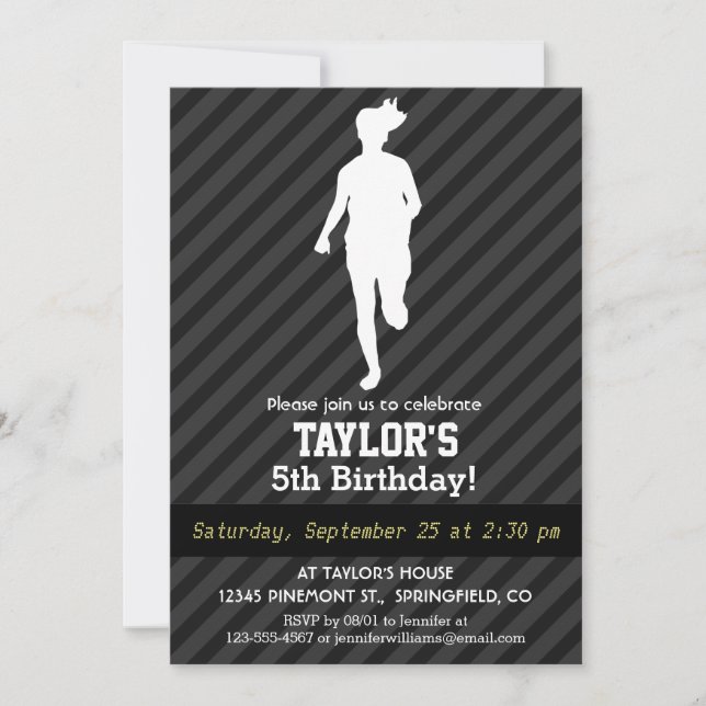 Girl Running; Black & Dark Grey Stripes Invitation (Front)