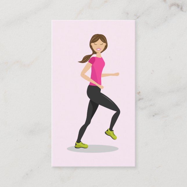 Girl Running Illustration Pink Personal Trainer Business Card (Front)