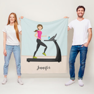 Girl Running On A Treadmill Illustration & Name Fleece Blanket