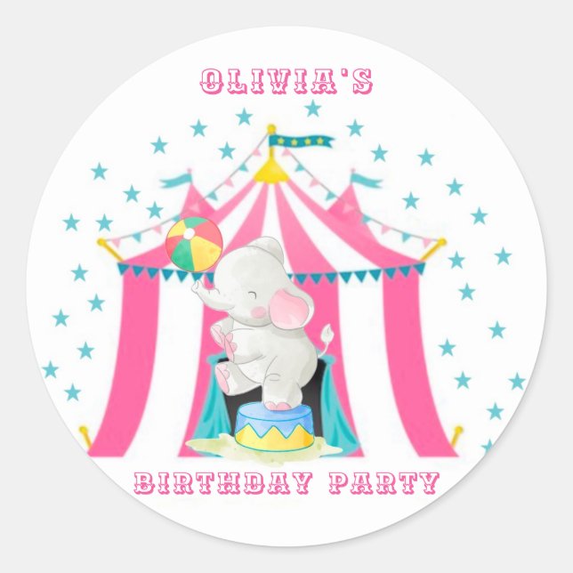 Girl’s Circus Theme Birthday Party Custom Classic Round Sticker (Front)
