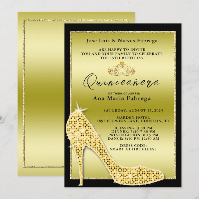 Girl´s Gold Stiletto Quinceañera Birthday Party Invitation (Front/Back)