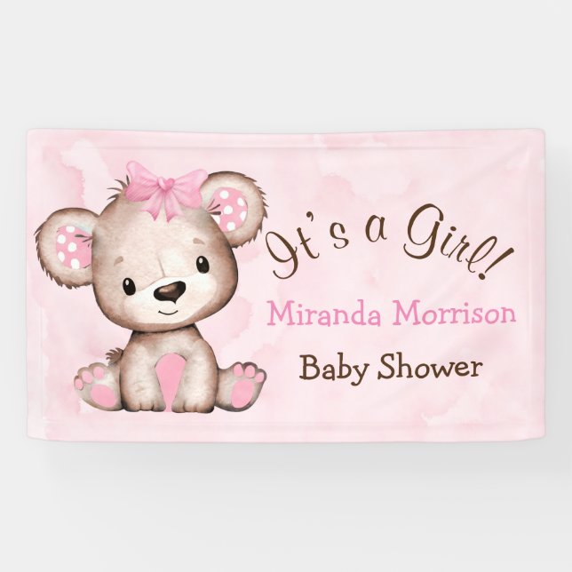 Girl’s Watercolor Teddy Bear Baby Shower  Banner (Horizontal)