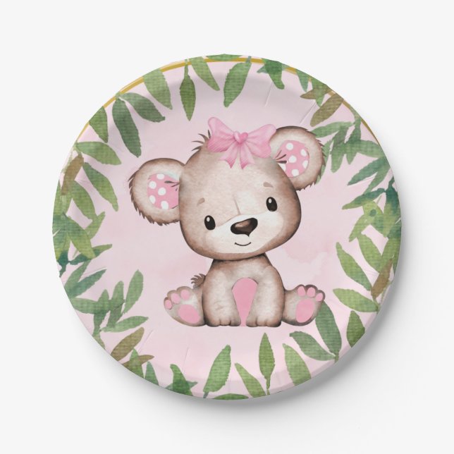 Girl’s Watercolor Teddy Bear Baby Shower Paper Plate (Front)