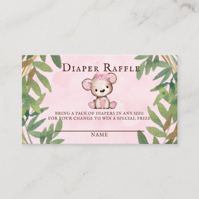 Girl’s Watercolor Teddy Bear Diaper Raffle  Business Card (Front)