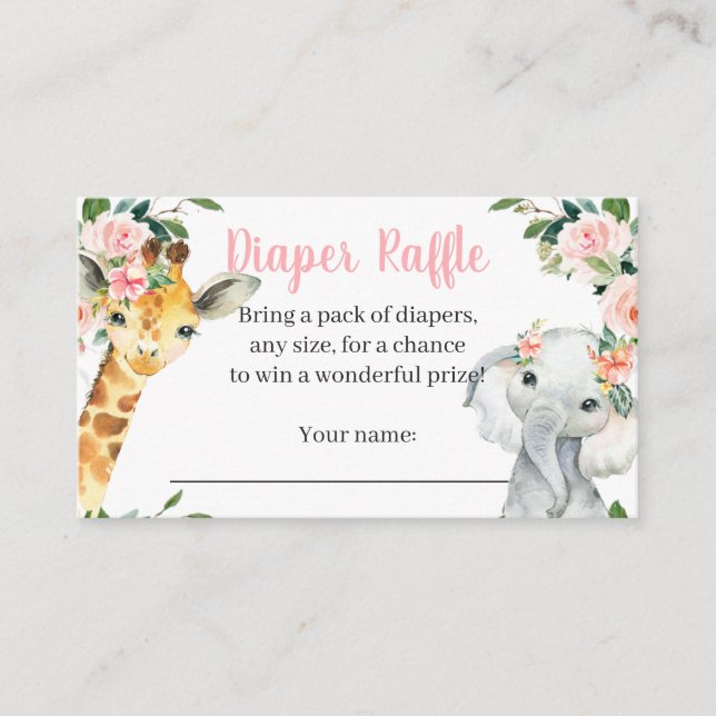 Girl Safari Animal Baby Shower Diaper Raffle Card (Front)