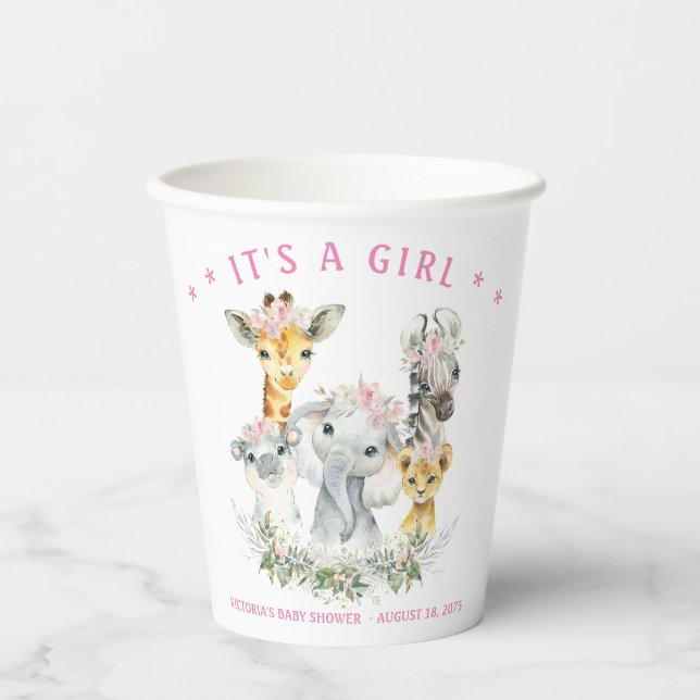 Girl Safari Animal Baby Shower Paper Cups (Front)
