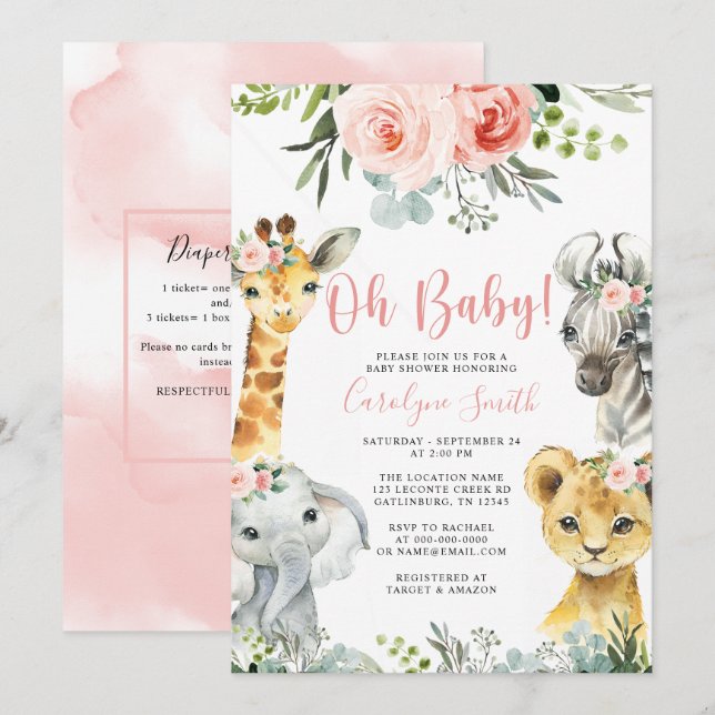 Girl Safari Animal Greenery Baby Shower Invitation (Front/Back)