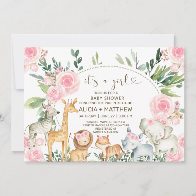 Girl safari animals baby shower invite, pink roses invitation (Front)