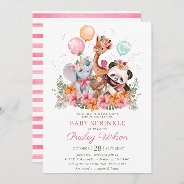 Girl Safari Animals Baby Sprinkle Invitation (Front/Back)