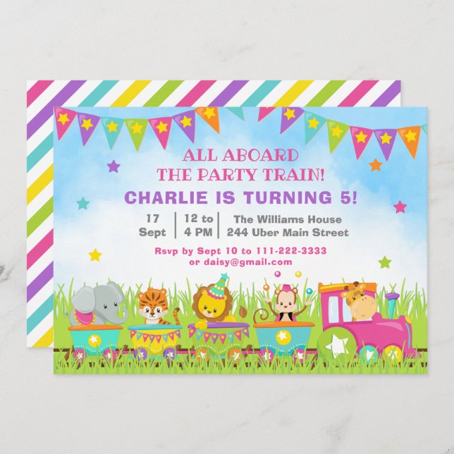 Girl Safari Animals Birthday Party Train Invitation (Front/Back)