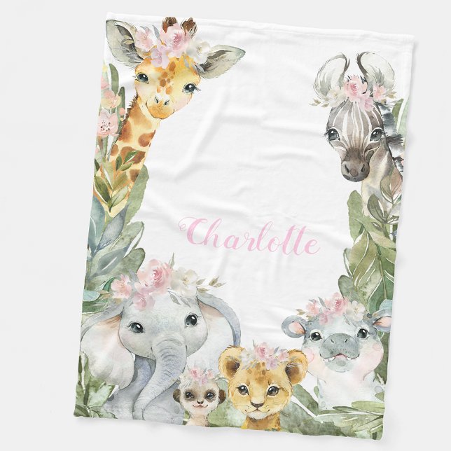 Girl Safari Baby Blanket (You can add your text, change the font style, font color, to whatever you prefer.)