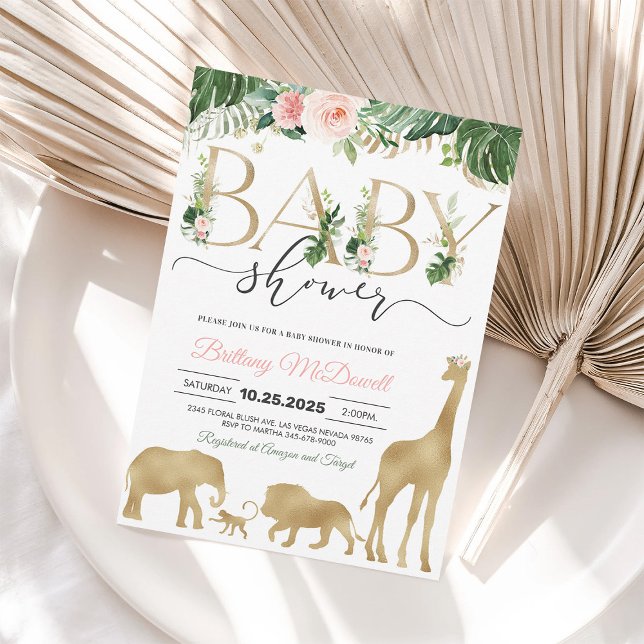 Girl Safari Gold Elephant Giraffe Baby Shower Invitation (Creator Uploaded)