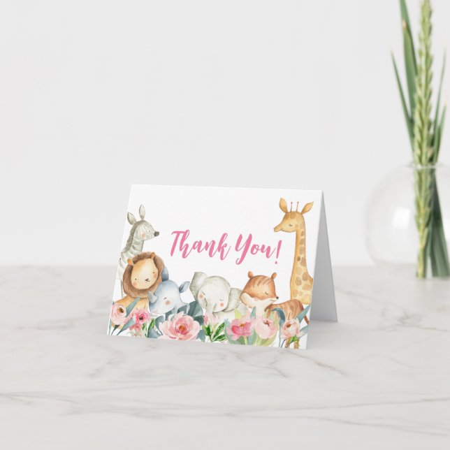 Girl Safari Jungle Baby Shower Thank You Card (Front)
