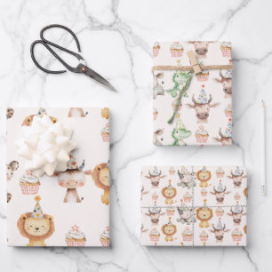 Girl Safari Zoo Animals Birthday Party Wrapping Paper Sheet