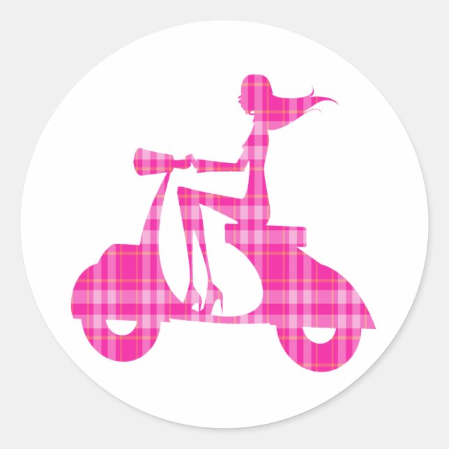 girl scooter pink white gingham classic round sticker (Front)