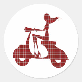 girl scooter red white gingham classic round sticker