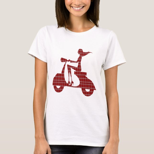 girl scooter red white gingham T-Shirt (Front)