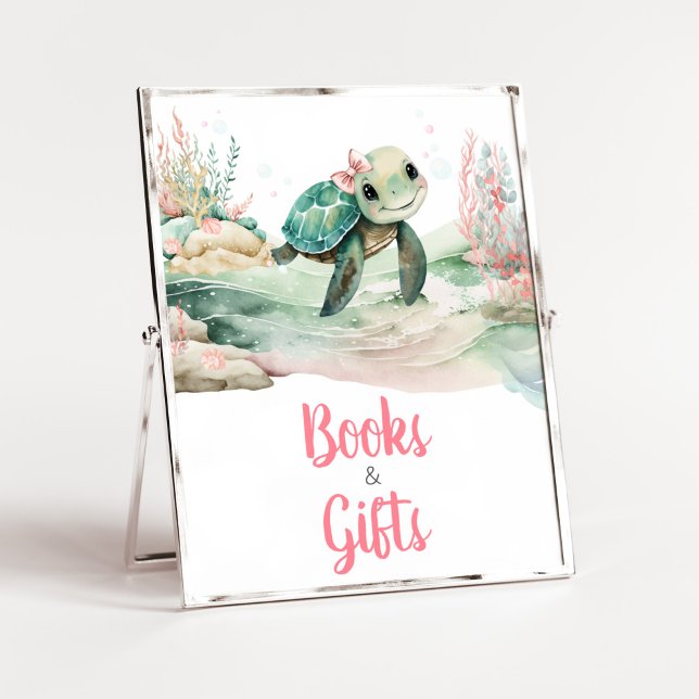 Girl Sea Turtle Baby Shower Books and Gifts Poster (A Little Hatching Is On the Way Baby Shower Books and Gifts Sign)