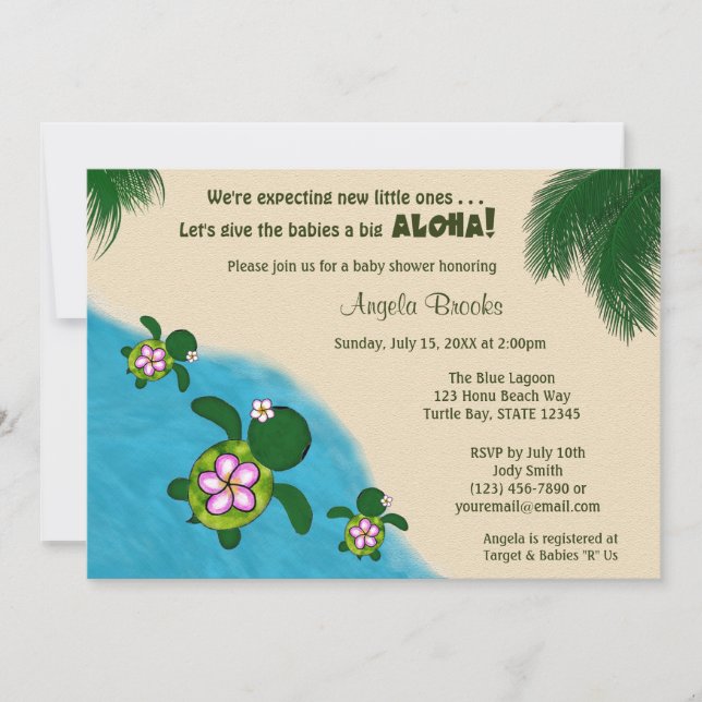GIRL Sea TURTLE Baby Shower Invite TWIN (Honu) 01C (Front)