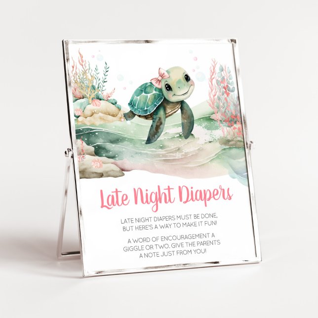 Girl Sea Turtle Baby Shower Late Night Diapers Poster (A Little Hatching Is On the Way Baby Shower Late Night Diapers Sign)