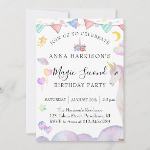 Girl Second Birthday Party Magic Unicorn Invitation