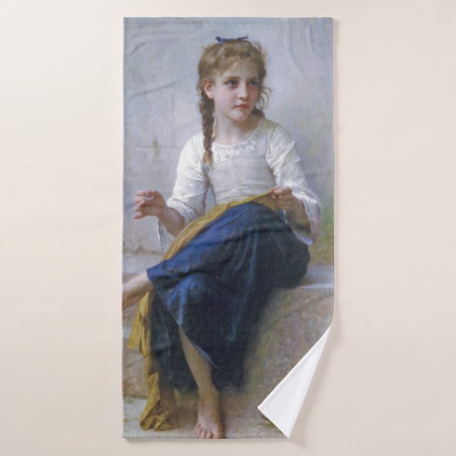 Girl Sewing, Bouguereau Bath Towel (Bath Towel)
