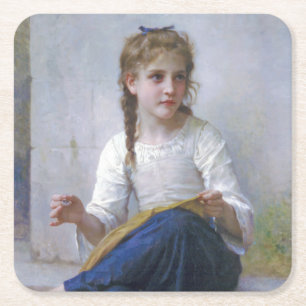 Girl Sewing, Bouguereau Square Paper Coaster