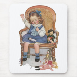 Girl Sewing Dollies Mouse Pad