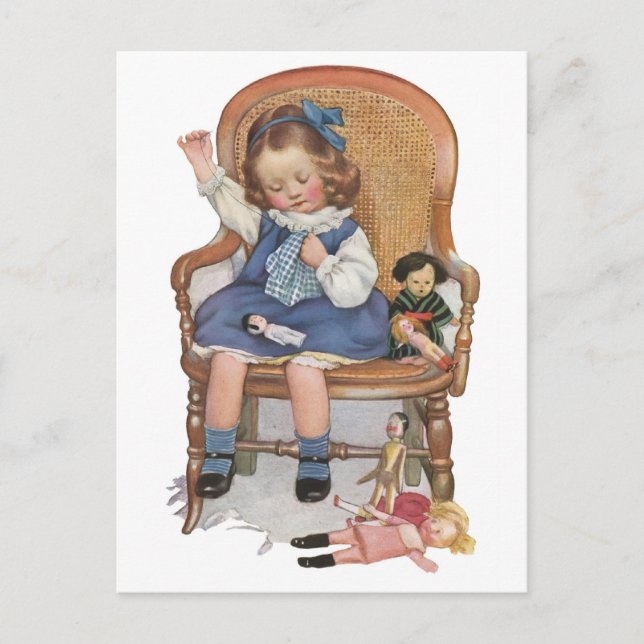 Girl Sewing Dollies Postcard (Front)