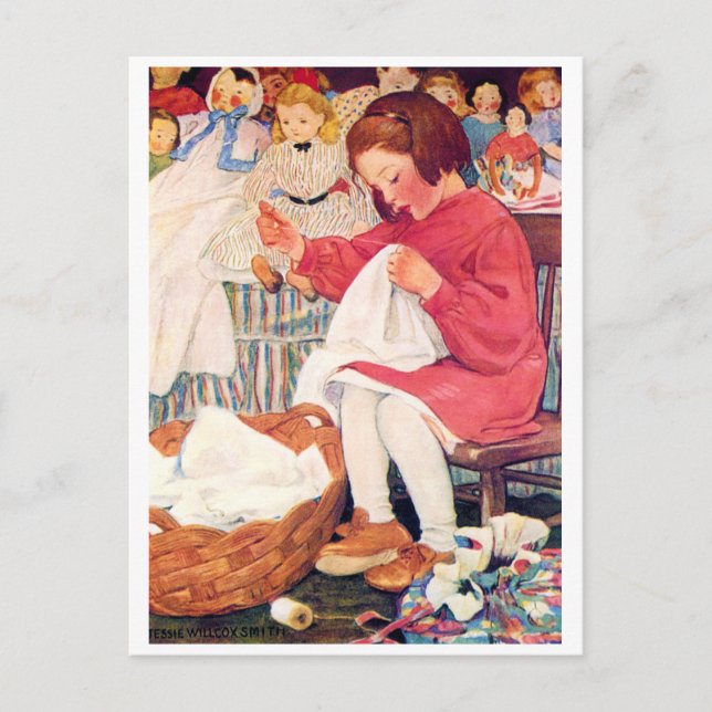 Girl Sewing, Jessie Willcox Smith Postcard (Front)