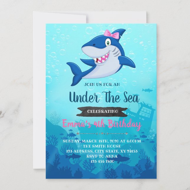 Girl Shark Birthday party invitation (Front)