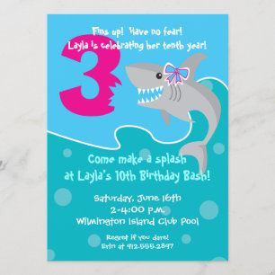 Girl Shark Bite Invite- 3rd Birthday Party Invitation