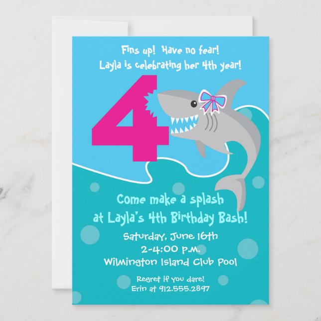 Girl Shark Bite Invite- 4th Birthday Party Invitation (Front)