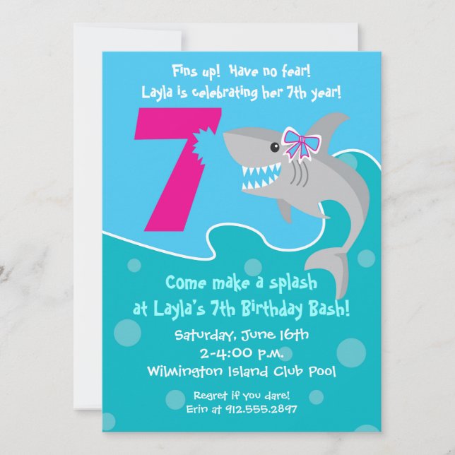 Girl Shark Bite Invite- 7th Birthday Party Invitation (Front)