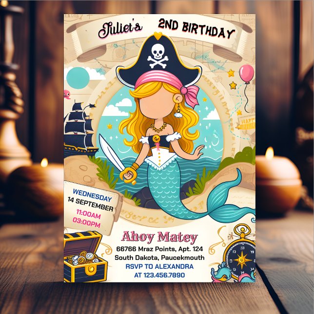 Girl Ship Kids Cool Flag Boat Pirate 2nd Birthday Invitation (Creator Uploaded)