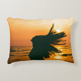 Girl silhouette, sea sunset, freedom. decorative cushion