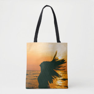 Girl silhouette, sea sunset, freedom. tote bag