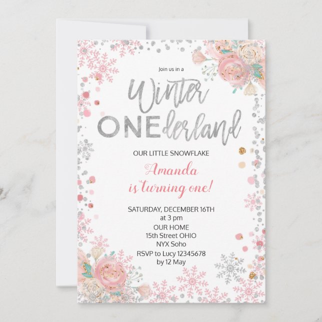 Girl Silver Winter ONEderland Snow Birthday Invite (Front)