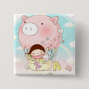 Girl sitting in hot air balloon, smiling 15 cm square badge