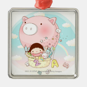 Girl sitting in hot air balloon, smiling metal tree decoration