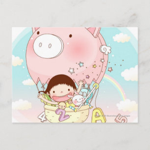 Girl sitting in hot air balloon, smiling postcard