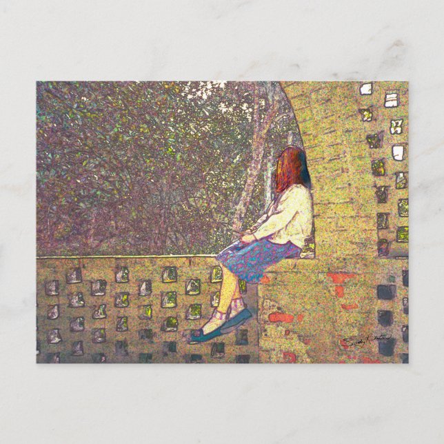 Girl Sitting on Garden Wall Day Dreaming Postcard (Front)